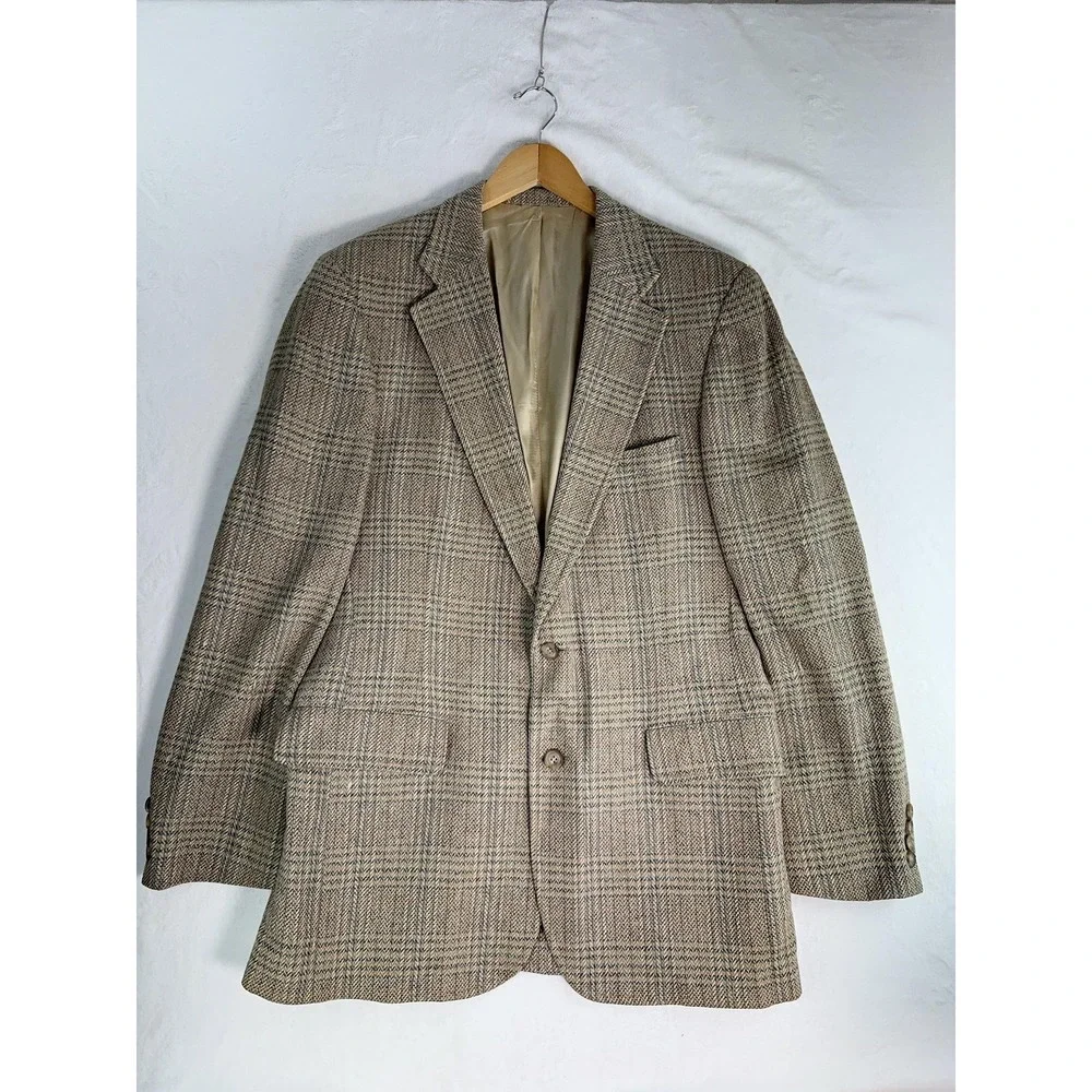 Vintage Chaps By Ralph Lauren Blazer Mens 40 Beige‎ Plaid Wool Tweed Sport Coat